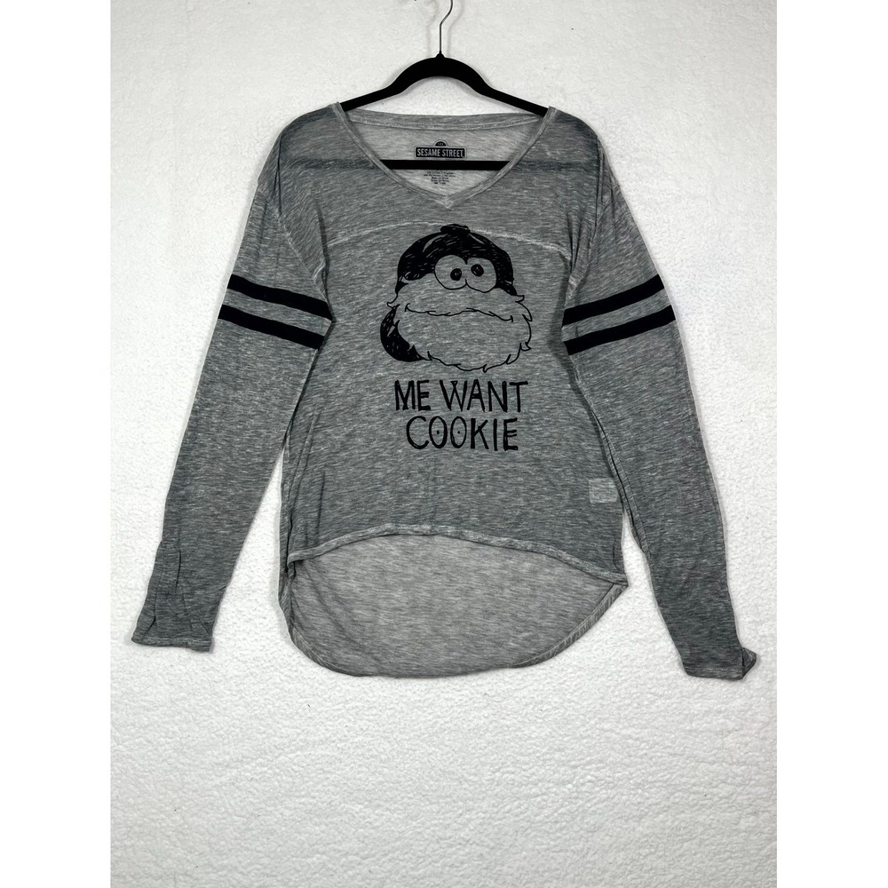 Sesame Street Womens Sheer Shirt Sz L Gray Me Want Cookie Monster Graphic Casual